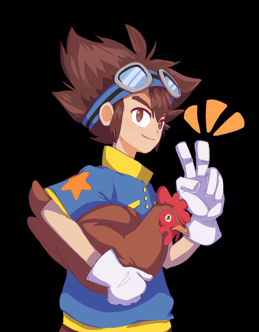1boy, bird, chicken, child, digimon, digimon_adventure, glasses, gloves, looking_at_viewer, poesby, star_(symbol), v, yagami_taichi