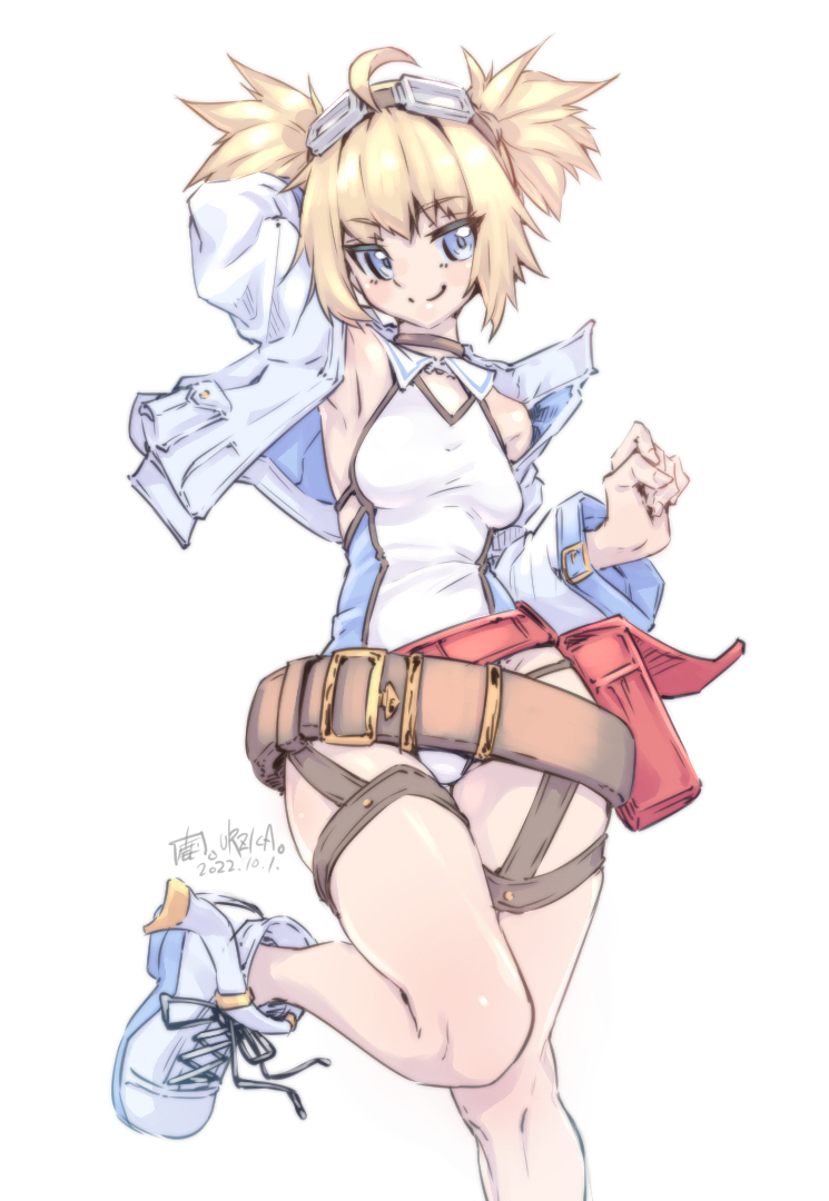 1girl, ahoge, belt, blonde_hair, blue_eyes, breasts, brown_belt, commentary_request