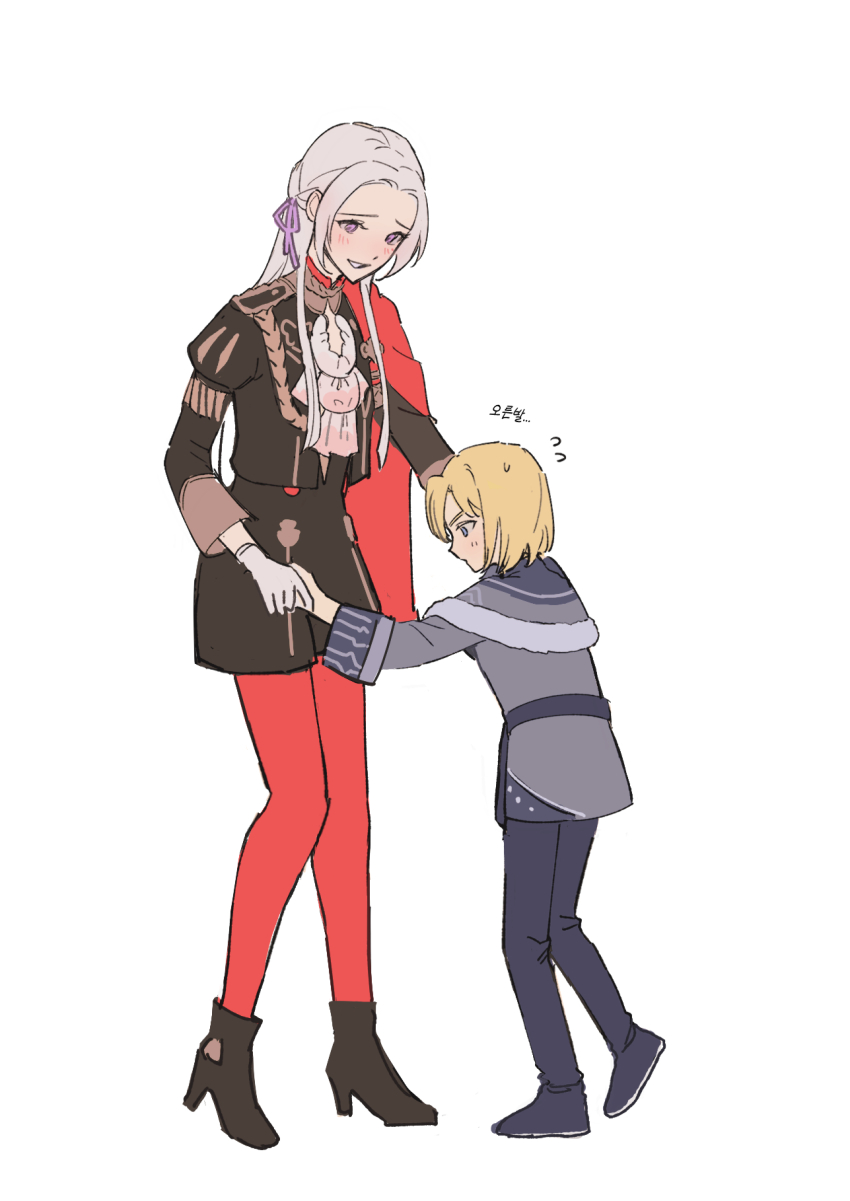 1boy, 1girl, age_difference, aged_down, blonde_hair, blue_eyes, blush, capelet