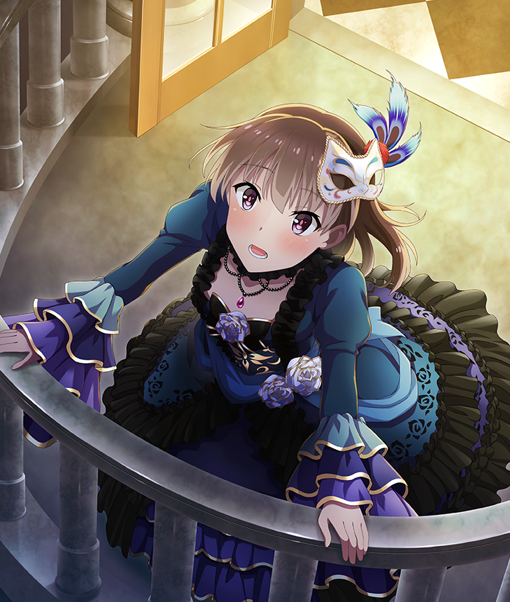 1girl, balcony, black_bow, black_bowtie, black_choker, blue_feathers, blue_flower, blue_rose