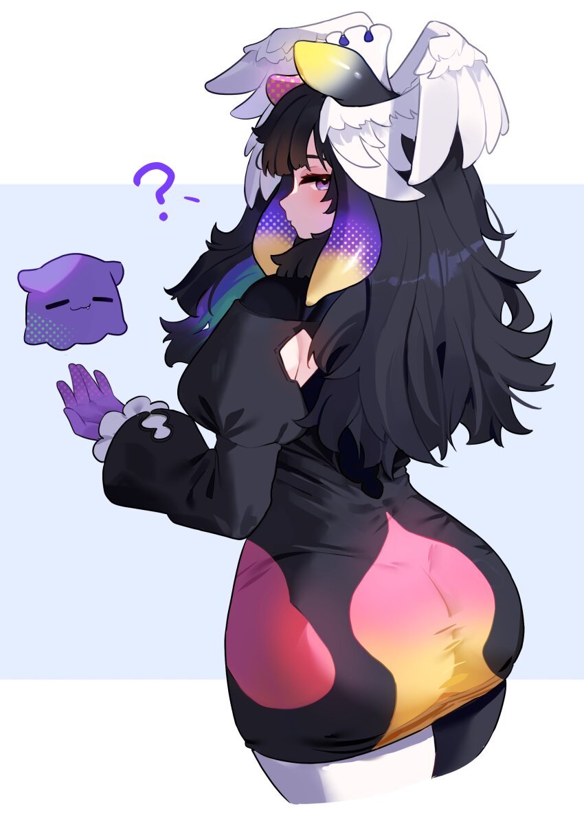 1girl, :3, =_=, ?, absurdres, alternate_costume, ass, black_dress