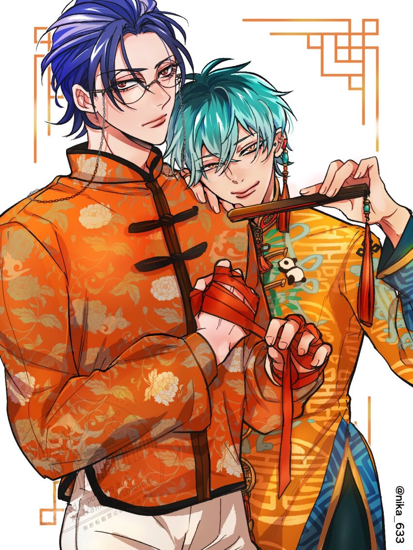 2boys, animal_print, aqua_pants, bandaged_hand, bandages, bear_print, changpao, chinese_clothes
