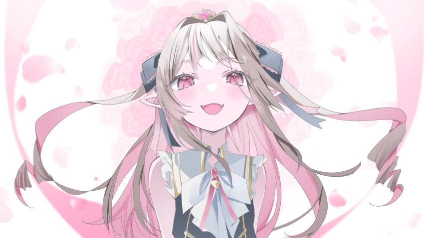 1girl, :3, absurdres, bare_arms, black_ribbon, black_vest, blurry, blurry_background, blush, bow, bowtie, brooch, collared_shirt, colored_inner_hair, cropped_vest, drill_hair, fangs, floating_hair, floral_background, flower, frilled_ribbon, frilled_shirt, frilled_sleeves, frills, from_below, gold_trim, grey_hair, hair_intakes, hair_ribbon, heart-shaped_gem, highres, idol_clothes, jewelry, light_smile, long_hair, looking_at_viewer, makaino_ririmu, mnerune0, multicolored_hair, nijisanji, nijisanji_idol_uniform, official_alternate_costume, open_clothes, open_mouth, open_vest, petals, pink_flower, pink_hair, pink_streaks, pointy_ears, portrait, red_eyes, ribbon, shirt, sidelocks, solo, standing, streaked_hair, tiara, two-tone_hair, two_side_up, vest, virtual_youtuber, white_bow, white_bowtie, white_shirt
