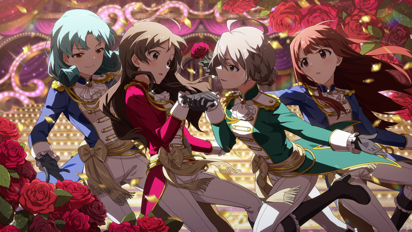4girls, ahoge, aiguillette, ascot, black_gloves, blue_jacket, boots, braid, brown_boots, brown_eyes, brown_hair, commentary_request, epaulettes, etoile_brilliant_(idolmaster), eye_contact, floating_hair, flower, game_cg, gloves, green_eyes, green_hair, green_jacket, high_heel_boots, high_heels, holding, holding_flower, holding_hands, idolmaster, idolmaster_million_live!, idolmaster_million_live!_theater_days, jacket, kitazawa_shiho, knee_boots, long_hair, long_sleeves, looking_at_another, multiple_girls, official_alternate_costume, official_art, opera_seria_kiramekiza, pants, red_flower, red_jacket, red_rose, rose, sakuramori_kaori, short_hair, stage, standing, tanaka_kotoha, third-party_source, tokugawa_matsuri, v-shaped_eyebrows, white_ascot, white_pants, yuri