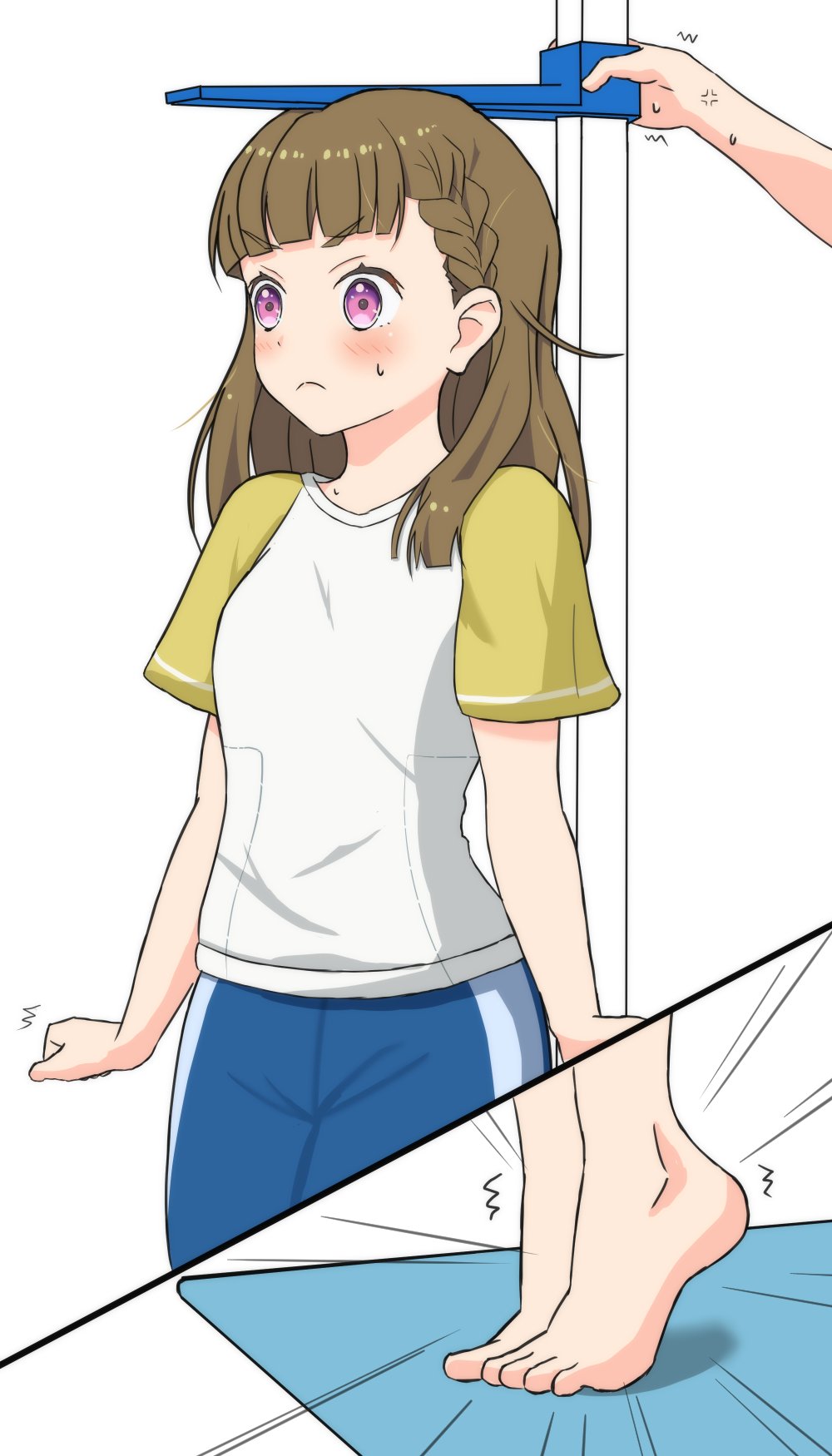 >:(, 2girls, anger_vein, barefoot, blue_shorts, braid, breasts, brown_hair, center-flap_bangs, commentary_request, emphasis_lines, frown, gym_shirt, hasu_no_sora_gym_uniform, height_conscious, highres, kachimachi_kosuzu, link!_like!_love_live!, long_hair, love_live!, measuring, medium_breasts, mizoochi_league, multiple_girls, pink_eyes, shirt, short_sleeves, shorts, side_ahoge, side_braids, tiptoes, v-shaped_eyebrows, virtual_youtuber, white_shirt, yellow_sleeves