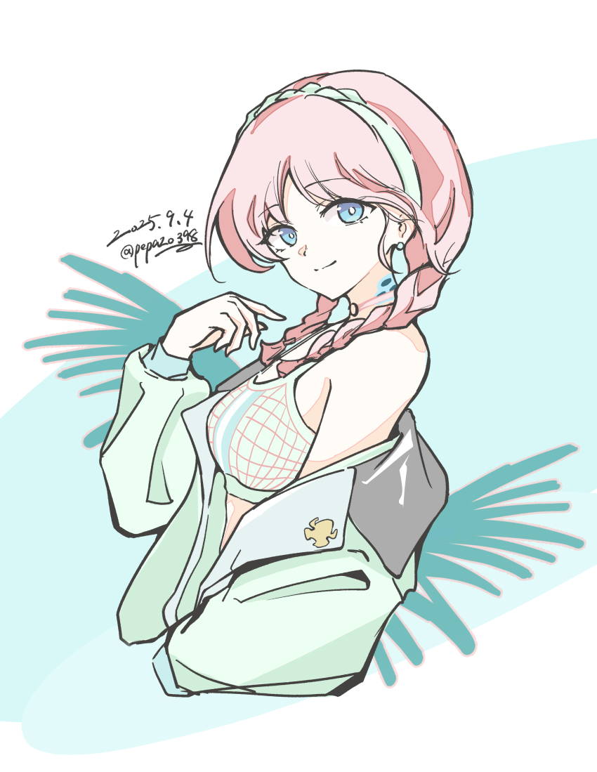 absurdres, arknights, bare_shoulders, blue_eyes, blue_poison_(arknights), blue_poison_(shoal_beat)_(arknights), bright_pupils, camisole