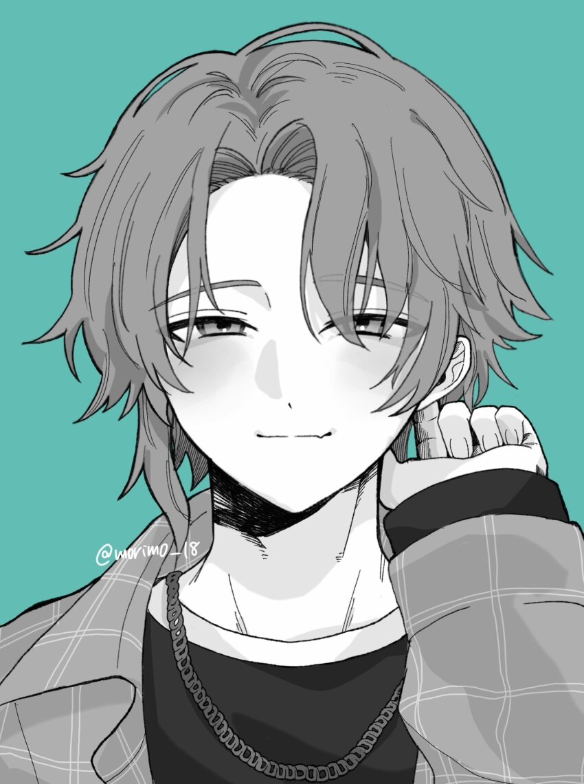 18trip, 1boy, adjusting_hair, aqua_background, artist_name, chain, chain_necklace, fang, fingernails, greyscale_with_colored_background, hair_over_one_eye, hand_up, highres, jacket, jewelry, looking_at_viewer, male_focus, morimo_18, nanamegi_nanaki, necklace, plaid_clothes, plaid_jacket, portrait, shirt, short_hair, skin_fang, smile, solo, straight-on