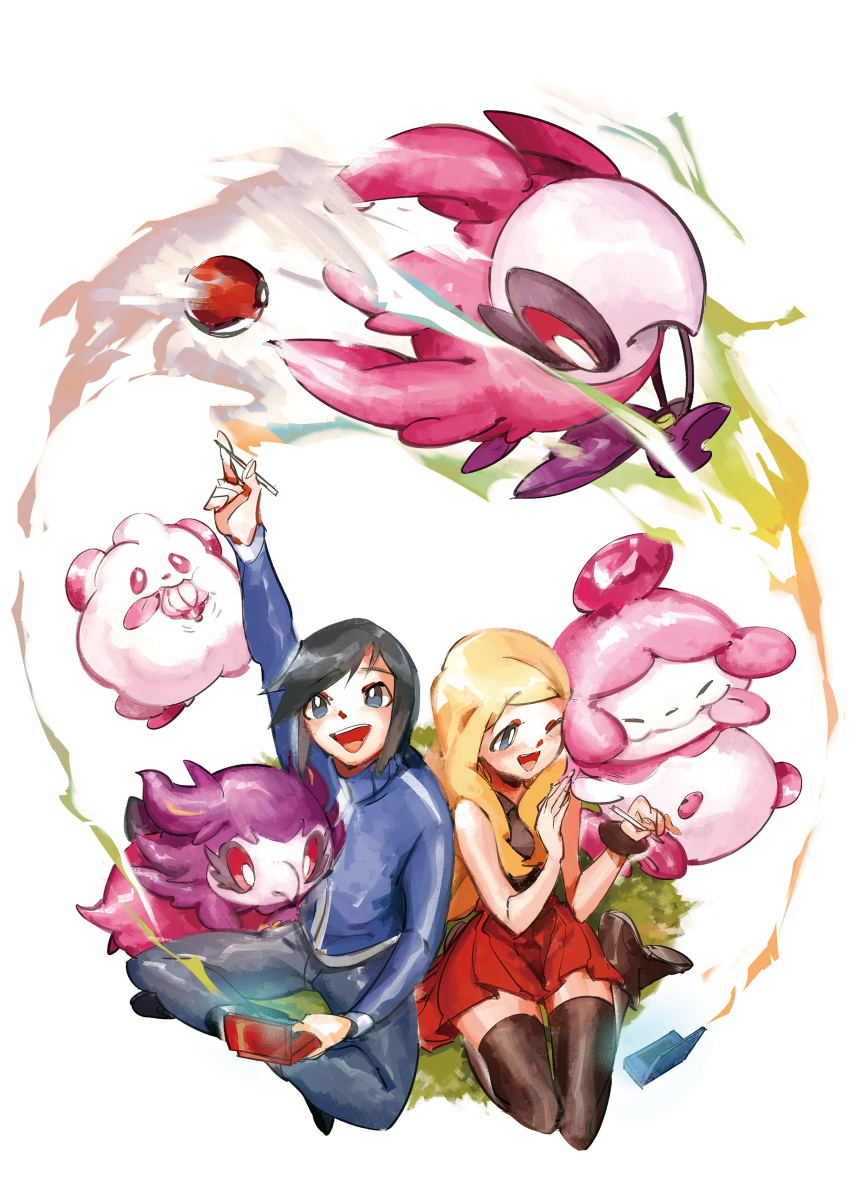 1boy, 1girl, absurdres, arm_up, aromatisse, bag, black_hair, black_shirt