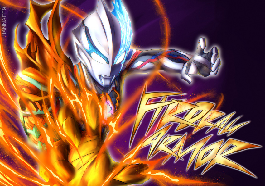 1boy, alien, arm_up, armor, artist_name, asymmetrical_armor, asymmetrical_horns, blue_horns, blue_skin, color_timer, colored_skin, commentary, compound_eyes, curled_fingers, dark_background, dorsal_fin, english_text, firdran_armor, fire, glowing, glowing_eyes, glowing_horns, gradient_background, hannaee9, highres, horns, light_particles, looking_ahead, male_focus, multicolored_skin, no_pupils, orange_armor, pectorals, purple_background, pyrokinesis, reaching, reaching_towards_viewer, red_skin, silver_skin, solo, tokusatsu, toned, toned_male, ultra_series, ultraman_blazar, ultraman_blazar_(series), upper_body, white_eyes