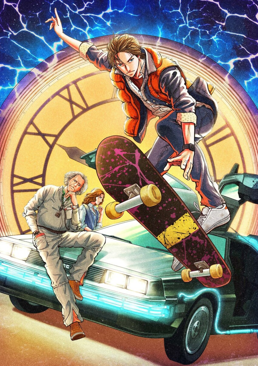 1girl, 2boys, back_to_the_future, brown_hair, car, cosplay, delorean, denim