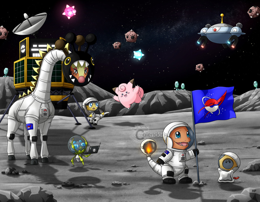 aqua_eyes, artist_name, black_eyes, blush, blush_stickers, bright_pupils, charmander, clefairy