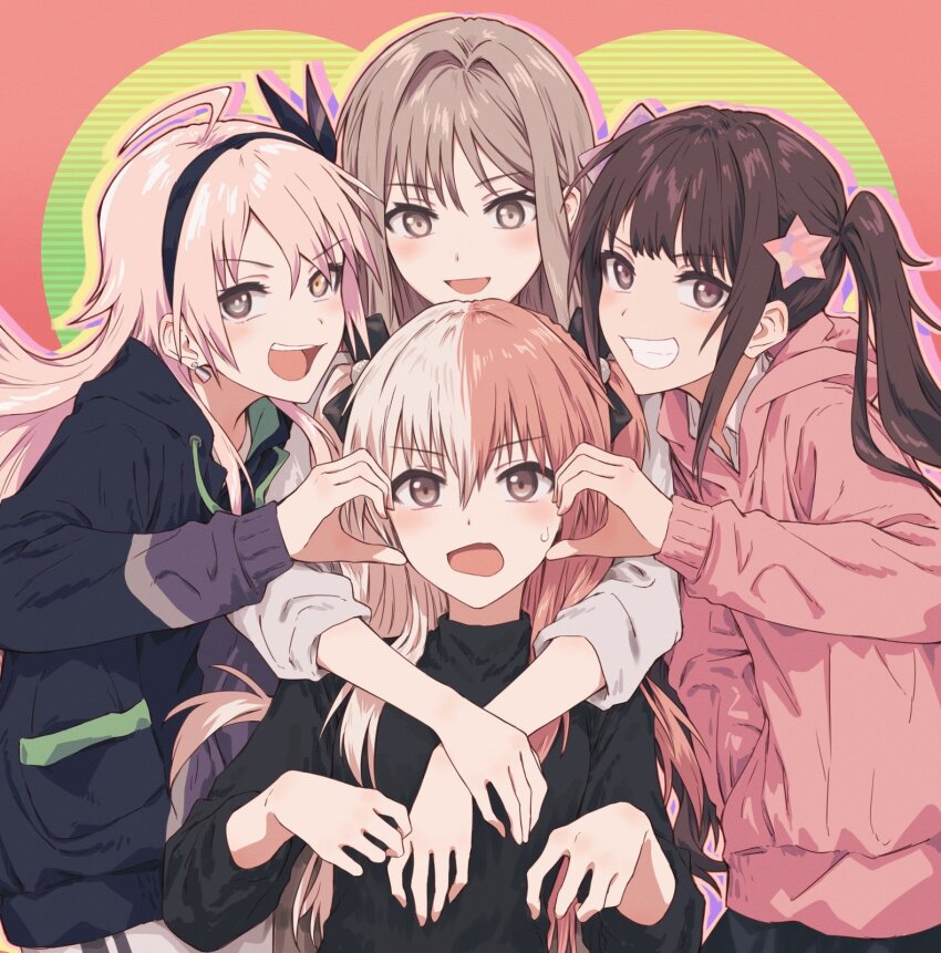 4girls, :d, ahoge, arms_around_neck, black_eyes, black_hairband, black_jacket, black_ribbon