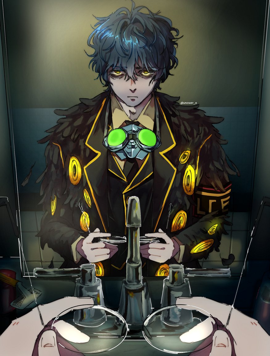 1boy, adam's_apple, bags_under_eyes, bathroom, black_feathers, black_necktie, black_vest, blue_hair, brown_shirt, closed_mouth, collared_shirt, commentary, e.g.o_(project_moon), english_commentary, expressionless, eye_print, feathers, fur-trimmed_jacket, fur_trim, glowing, glowing_eyes, gold_trim, hair_between_eyes, hohenheim_(project_moon), holding, holding_removed_eyewear, indoors, jacket, lamp_(e.g.o), lapels, limbus_company, long_sleeves, looking_at_viewer, male_focus, messy_hair, mirror, necktie, notched_lapels, open_clothes, open_jacket, pov, project_moon, reflection, reflection_focus, round_eyewear, shirt, short_hair, sink, solo, tile_floor, tiles, twitter_username, unower_s, unworn_eyewear, upper_body, vest, yellow_eyes