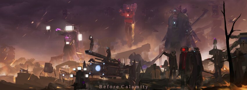 3girls, 6+boys, absurdres, arm_cannon, arm_up, army, artist_name, bare_tree, battlefield, black_necktie, black_shirt, black_suit, camera, camera_attack_helicopter, camera_man_(character), camera_mech, camera_strider, camera_transport_helicopter, chest_cannon, commentary, core, dark_speaker_man, dark_tv_man, dial_television, dual_arm_cannons, dual_wielding, embers, energy_blade, energy_cannon, english_commentary, english_text, extra_legs, fire, flying, formal_clothes, g-toilet, giant, giant_hammer, glowing, glowing_eyes, hammer, highres, holding, holding_hammer, holding_knife, holding_plunger, holding_sword, holding_weapon, jetpack, knife, large_camera_man, large_speaker_man, large_tv_man, laser_cannon, mecha, movie_theater, multiple_boys, multiple_girls, necktie, object_head, over_shoulder, plunger, plunger_man, pointing, post-apocalypse, red_shirt, robot, rocket_launcher, ruins, scientist_camera_man, security_camera, shirt, shoulder_cannon, skibidi_toilet_(series), speaker, speaker_helicopter, speaker_man_(character), speaker_strider, speaker_woman, subwoofer, suit, sword, television, tendrils_from_back, titan_camera_man, titan_speaker_man, titan_tv_man, tree, tv_man, tv_woman, voidedfart, war, war_hammer, weapon, weapon_over_shoulder, white_suit, wings, wrist_blades