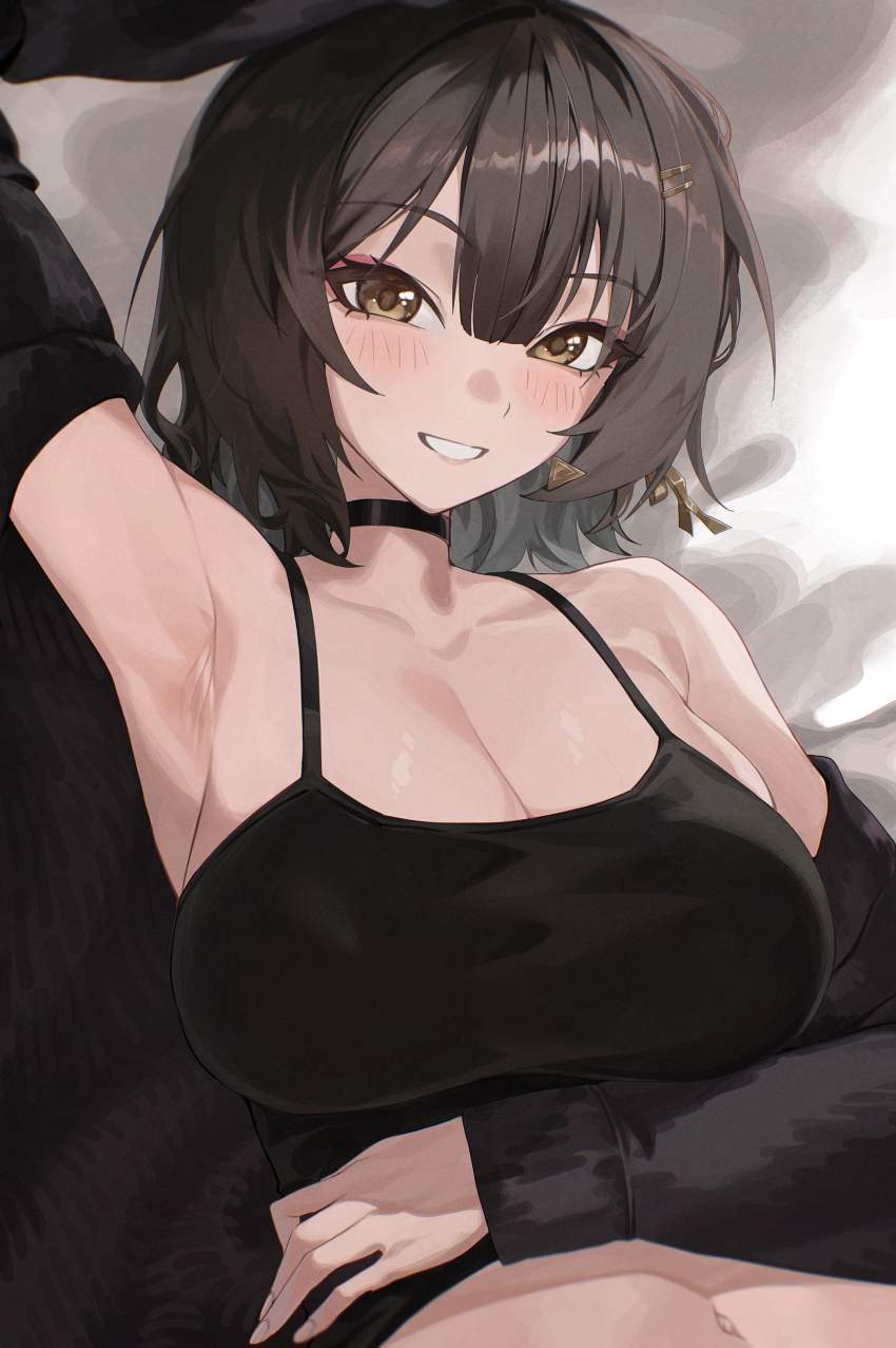 1girl, absurdres, alternate_breast_size_(larger), bare_shoulders, black_cardigan, black_choker, black_hair, black_shirt