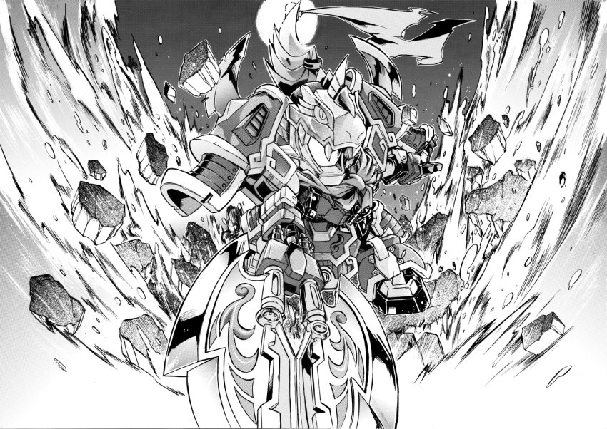 10s, armor, axe, debris, full_moon, greyscale, gundam, jyokou_serpent, kin, monochrome, moon, no_humans, non-humanoid_robot, robot, sd_gundam, sd_gundam_sangokuden, solo, weapon