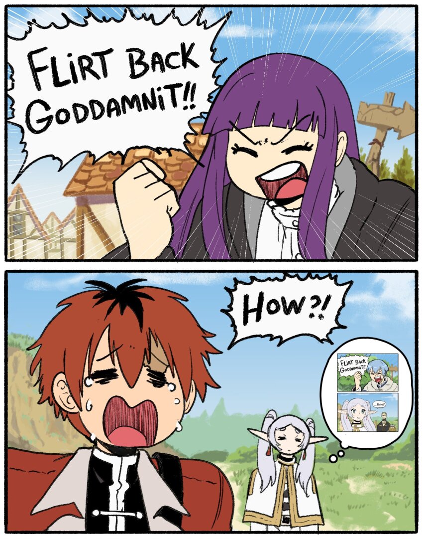 2girls, 2koma, 4boys, annoyed, clenched_hand, closed_eyes, comic, crying