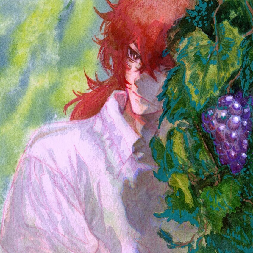 1boy, closed_mouth, collared_shirt, commentary, crossed_bangs, diluc_(genshin_impact), english_commentary, food