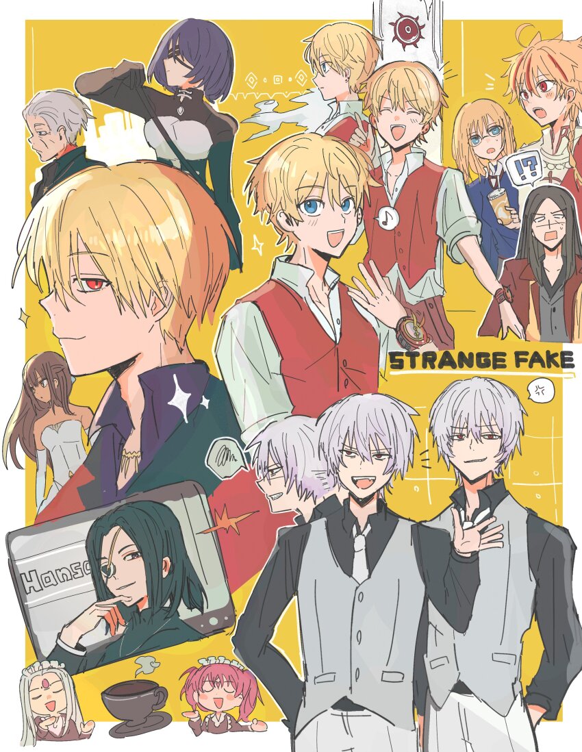 !?, 5girls, 6+boys, absurdres, alternate_costume, anger_vein, armor, black_hair, black_shirt, blindfold, blonde_hair, blue_eyes, border, chibi, closed_eyes, collared_shirt, command_spell, copyright_name, cross, cross_necklace, dark-skinned_female, dark_skin, delmio_cervantes, eyepatch, fate/strange_fake, fate_(series), flat_escardos, floating_hair, gilgamesh_(fate), grey_hair, grey_vest, hansa_cervantes, highres, index_finger_raised, jack_the_ripper_(fate/strange_fake), jester_karture, jewelry, long_hair, long_sleeves, lord_el-melloi_ii, maid, maid_headdress, maysia_kwo, multicolored_hair, multiple_boys, multiple_girls, necklace, necktie, official_alternate_costume, one_eye_covered, outside_border, pink_hair, priest, profile, red_eyes, red_hair, richard_i_(fate), sajou_ayaka_(fate/strange_fake), shanti_mukherjee, shirt, short_hair, simple_background, siokuran, streaked_hair, tine_chelc, twintails, two-tone_hair, vest, viola_wahlstrom, watch, waver_velvet, white_border, white_necktie, wristwatch, yellow_background