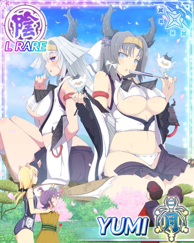 6+girls, :o, arms_up, ass, blue_eyes, blue_skirt, blue_sky, border, bow, breasts, card_(medium), character_name, clothing_cutout, cosplay, cropped_vest, datehyogo, day, detached_sleeves, game_cg, giant, giantess, grey_hair, hair_bow, hairband, hand_fan, himeji-jou_(sengoku_bushouki_muramasa), himeji-jou_(sengoku_bushouki_muramasa)_(cosplay), holding, holding_fan, horns, japanese_clothes, knees_up, large_breasts, long_hair, looking_at_viewer, medium_hair, minokichi_(sengoku_bushouki_muramasa), multiple_girls, muramasa_(senran_kagura), navel, official_art, outdoors, panties, petals, pink_petals, pleated_skirt, pontarou_(senran_kagura), purple_eyes, sengoku_bushouki_muramasa, senran_kagura, senran_kagura_new_wave, sitting, skindentation, skirt, sky, striped_bow, third-party_source, underboob, underboob_cutout, underwear, undone_skirt, very_long_hair, vest, wariza, white_bow, white_hair, white_panties, wide_sleeves, yumi_(senran_kagura)