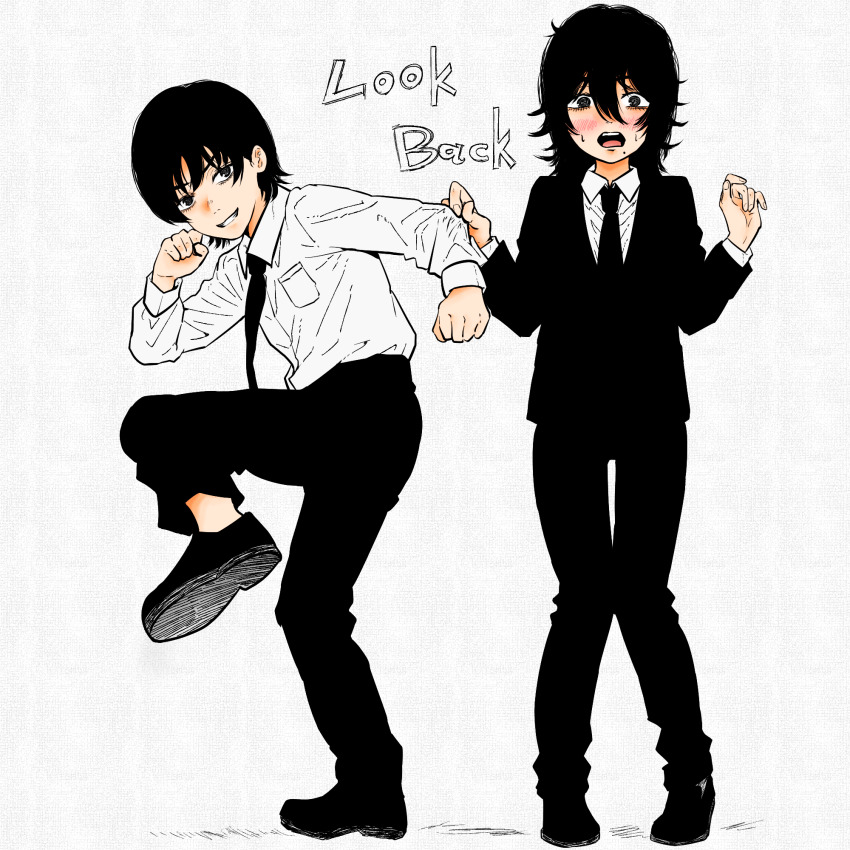 2girls, androgynous, black_necktie, black_shoes, black_suit, blush, chainsaw_man, commentary