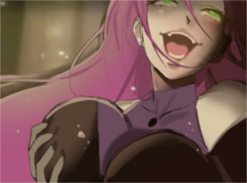 1girl, alien_stage, black_dress, breasts, clothing_cutout, commentary, derivative_work, dress, english_commentary, grabbing_own_breast, green_eyes, kakegurui, large_breasts, long_hair, looking_up, mizi_(alien_stage), open_mouth, pink_hair, pirasa_(everlandroads), shoulder_cutout, smile, solo