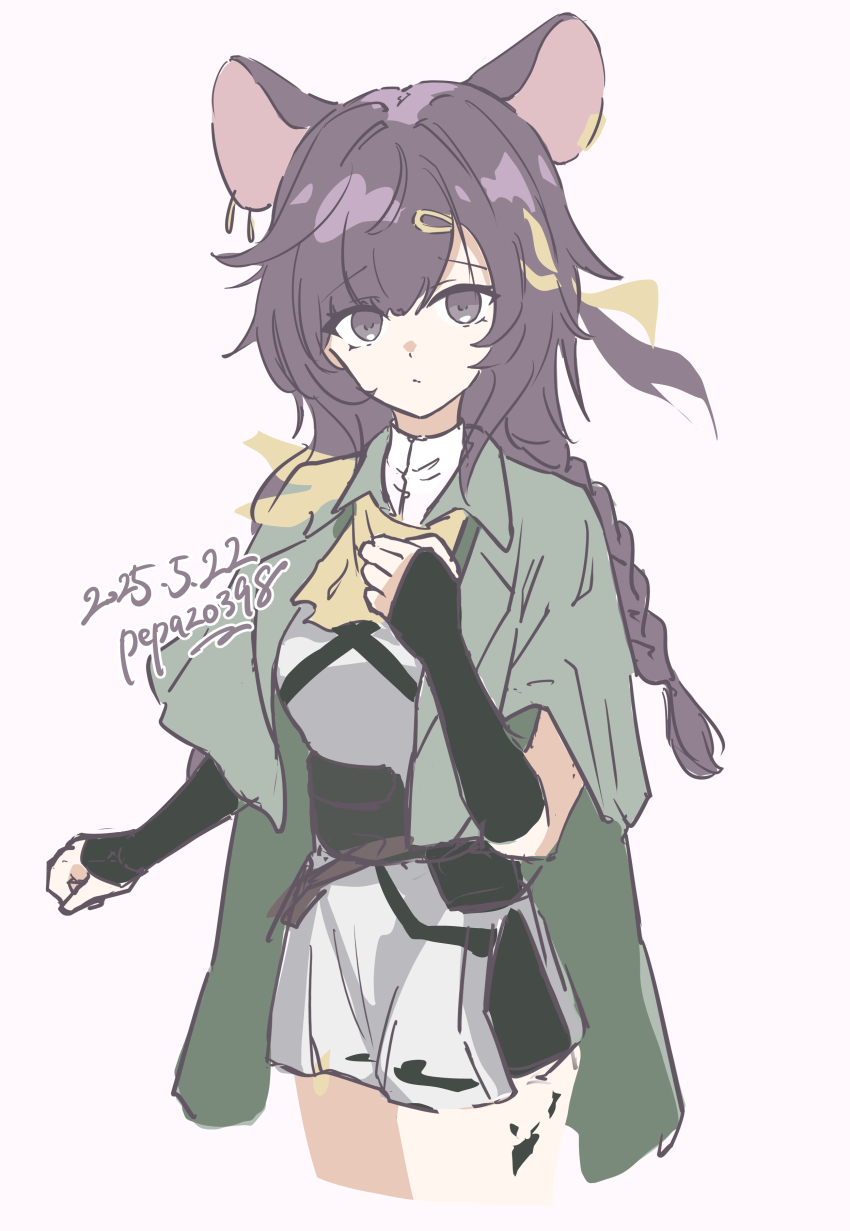 1girl, absurdres, animal_ears, arknights, black_eyes, black_hair, braid, closed_mouth, commentary, cropped_legs, dated, green_jacket, hair_ornament, hairclip, hand_on_own_chest, highres, jacket, long_hair, looking_at_viewer, lutonada_(arknights), material_growth, mouse_ears, mouse_girl, oripathy_lesion_(arknights), pepazo398, pink_background, shirt, simple_background, sketch, skirt, solo, standing, twitter_username, white_shirt, white_skirt