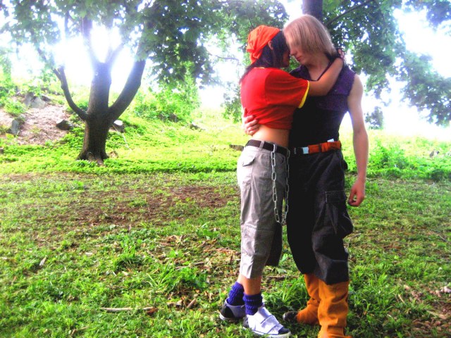 1boy, 1girl, cosplay, dragon_ball, dragon_ball_gt, dragonball_z, nature, outdoors