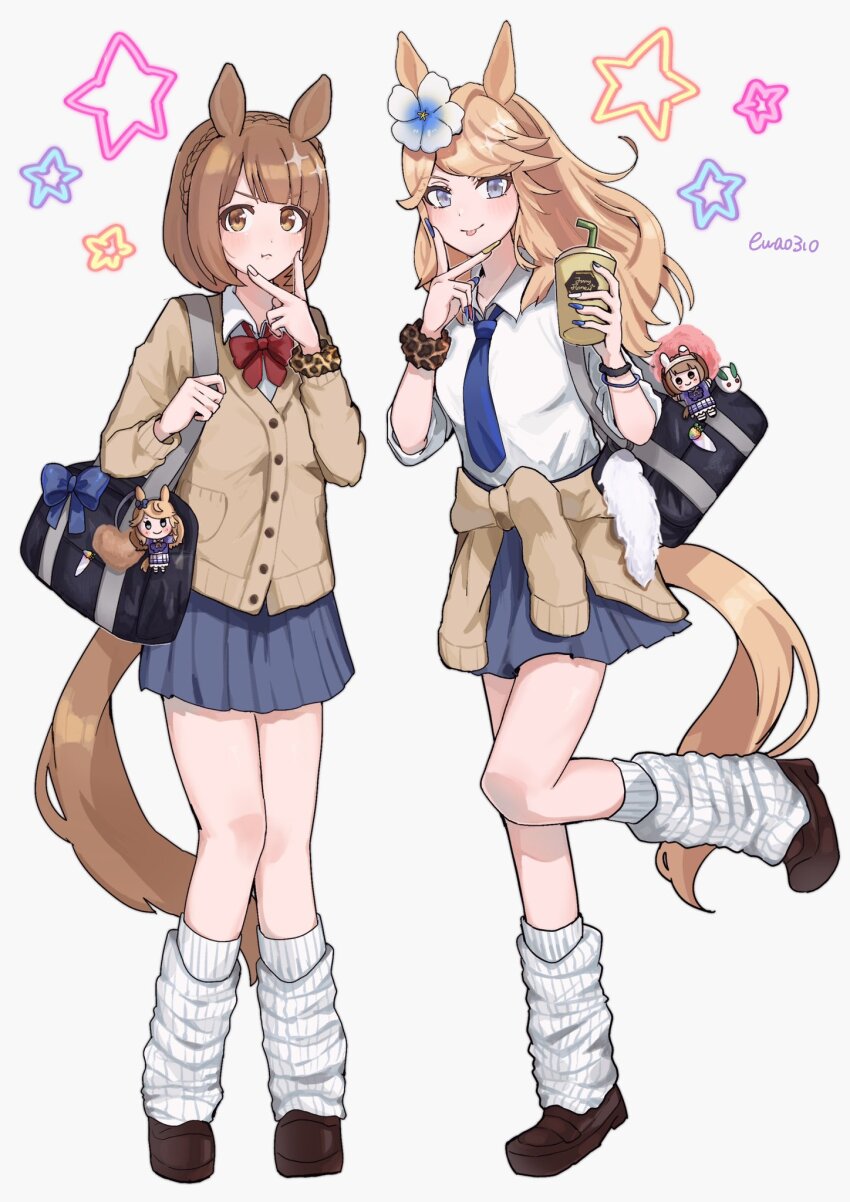 2girls, :t, animal_ears, animal_print, bag, bag_charm, blonde_hair, bow, bowtie, braid, brown_eyes, brown_hair, cardigan, cardigan_around_waist, character_charm, charm_(object), clothes_around_waist, collared_shirt, commentary_request, crown_braid, cup, disposable_cup, drinking_straw, ear_flower, ear_ornament, ewa_(ewa0310), fingernails, full_body, gold_city_(umamusume), highres, holding, holding_cup, horse_ears, horse_girl, horse_tail, leopard_print, loafers, long_fingernails, long_hair, loose_socks, multiple_girls, nail_polish, necktie, pleated_skirt, purple_eyes, school_bag, school_uniform, scrunchie, shirt, shoes, short_hair, skirt, sleeves_rolled_up, smile, socks, standing, standing_on_one_leg, star_(symbol), tail, tongue, tongue_out, umamusume, v, v_over_mouth, wrist_scrunchie, yukino_bijin_(umamusume)