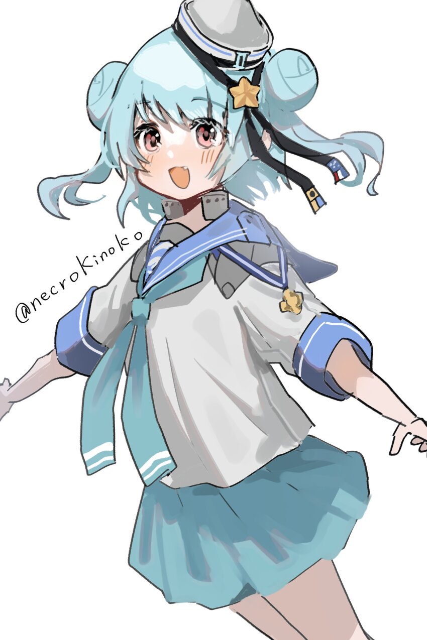 1girl, absurdres, aqua_neckerchief, aqua_skirt, blue_hair, blue_sailor_collar, brown_eyes, dixie_cup_hat