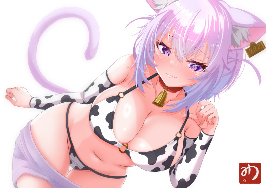 1girl, absurdres, animal_ear_fluff, animal_ears, animal_print, bell, bikini, blush