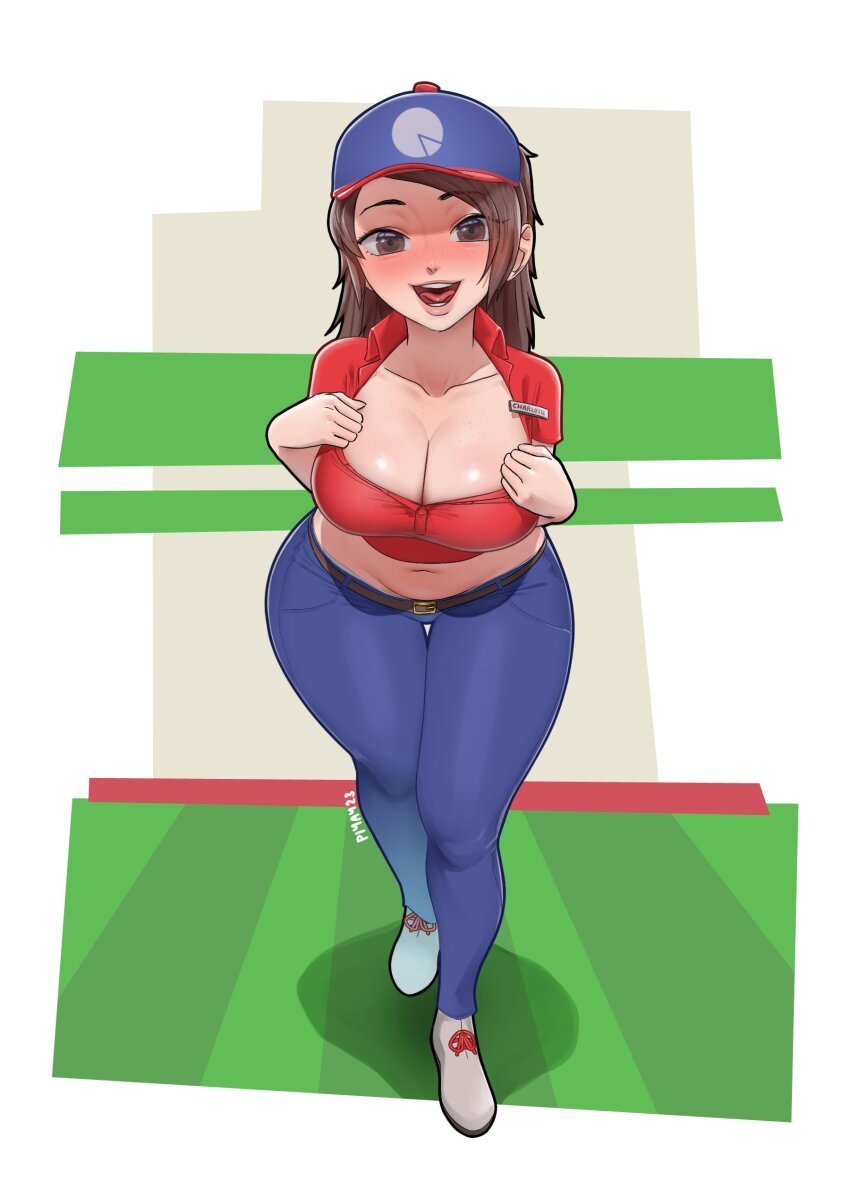 1girl, absurdres, adjusting_clothes, artist_name, blue_pants, breasts, brown_eyes, brown_hair, character_name, cleavage, collarbone, crop_top, hat, highres, large_breasts, long_hair, long_sidelocks, looking_at_viewer, name_tag, navel, original, pants, papa's_gameria, piyay23, red_shirt, shirt, shoes, sidelocks, solo, stomach, white_shoes, wide_hips