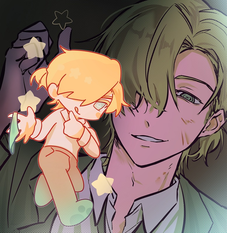 1boy, blonde_hair, blue_eyes, chibi, chibi_inset, collared_shirt, degrees_of_lewdity, hair_over_one_eye