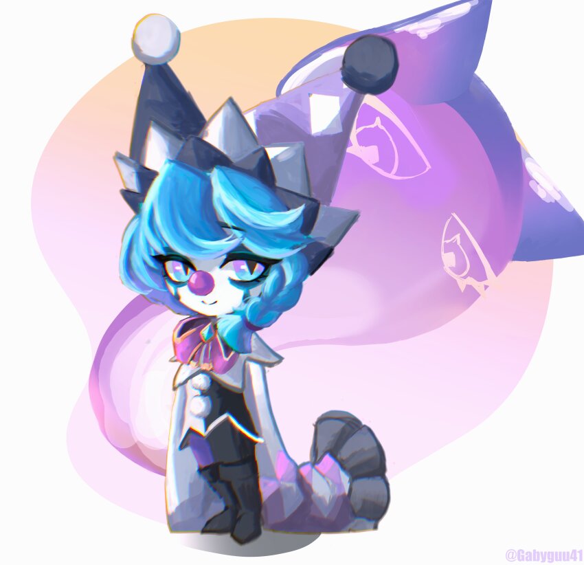 1girl, blue_hair, clown, gabyguu, league_of_legends, pointy_ears, rubber_nose, tagme, vex_(league_of_legends)