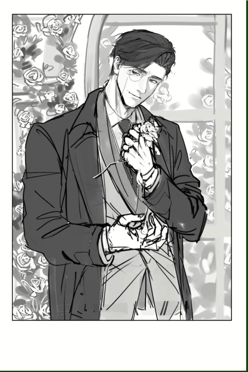 1boy, avery_(degrees_of_lewdity), avery_(male)_(degrees_of_lewdity), coat, collared_shirt, commentary_request, degrees_of_lewdity, flower