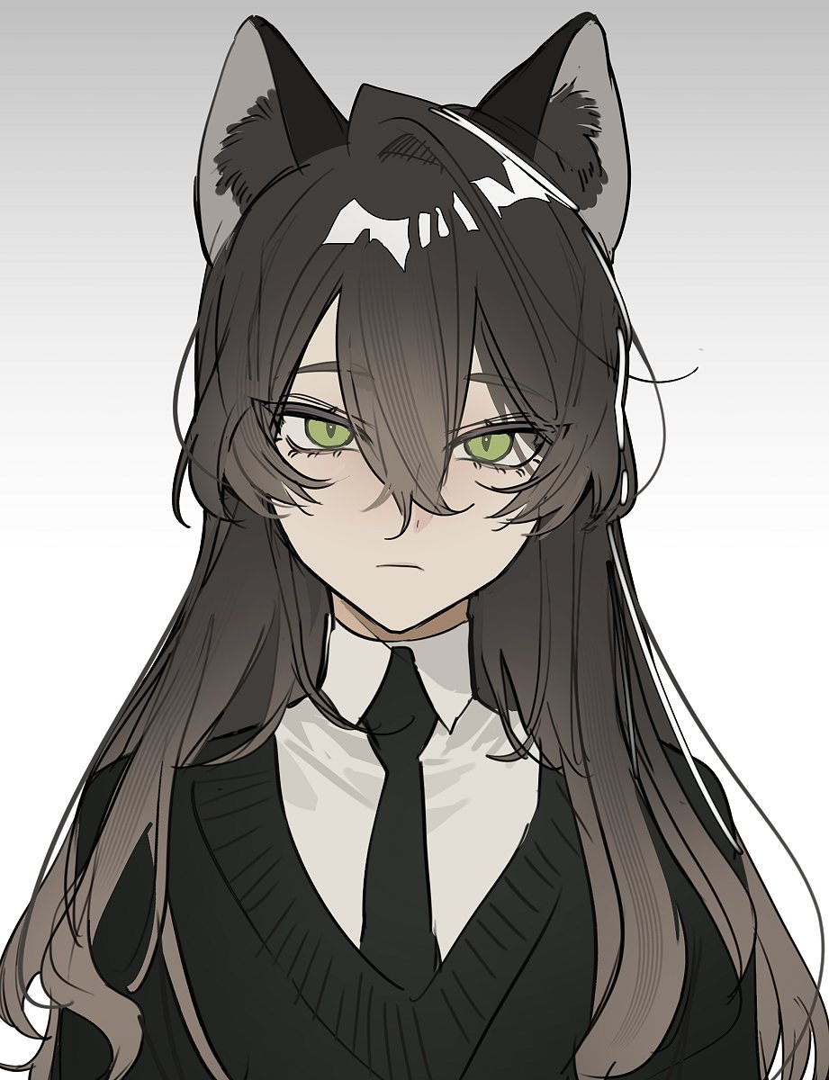 1girl, animal_ears, black_hair, black_necktie, black_sweater, collared_shirt, commentary_request, dano80085dano, degrees_of_lewdity, fox_ears, fox_girl, green_eyes, grey_eyes, hair_between_eyes, highres, long_hair, looking_at_viewer, necktie, player_character_(degrees_of_lewdity), player_character_(female)_(degrees_of_lewdity), shirt, simple_background, solo, sweater, white_shirt