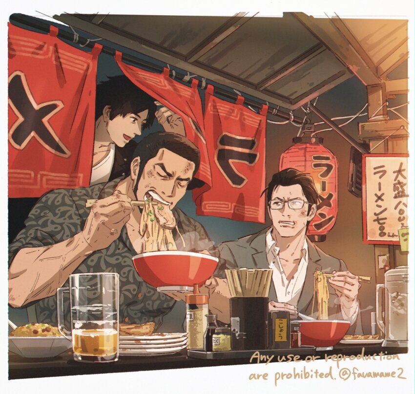 3boys, beer_mug, black_eyes, black_hair, bowl, bruise, bruise_on_face, chopsticks, collared_shirt, commentary, cup, dumpling, eating, favamame2, food, food_stand, fried_rice, glasses, grey_jacket, grey_shirt, hair_slicked_back, hand_up, higashi_tooru, highres, holding, holding_bowl, holding_chopsticks, injury, jacket, jiaozi, judge_eyes, kaito_masaharu, lantern, male_focus, mug, multiple_boys, noodles, open_mouth, paper_lantern, plate, ramen, ryuu_ga_gotoku_(series), shirt, short_hair, sideburns, sleeves_rolled_up, untranslatable_commentary, teeth, upper_body, v-shaped_eyebrows, white_shirt, yagami_takayuki, yatai