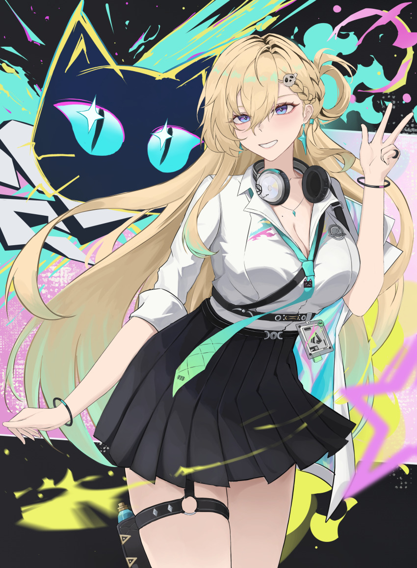 1girl, absurdres, aqua_necktie, black_skirt, blonde_hair, blue_eyes, braid, braided_bangs