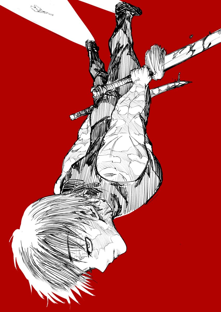 1girl, blood, bloody_weapon, burn_scar, closed_mouth, dual_wielding, full_body, greyscale_with_colored_background