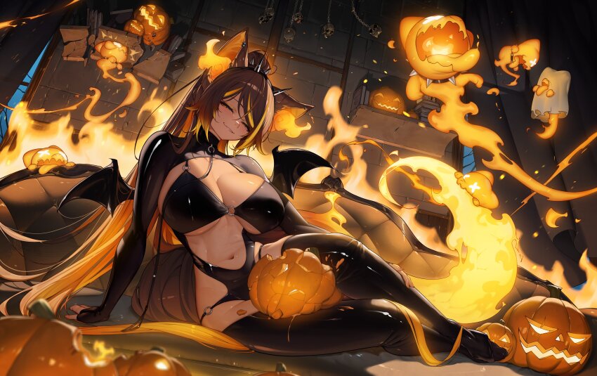 1girl, absurdres, animal_ears, bat_wings, between_legs, bikini, biting, black_leotard