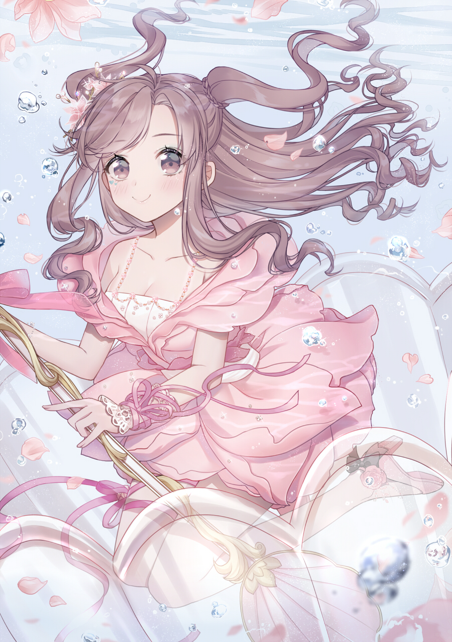 1girl, air_bubble, braid, breasts, brown_eyes, brown_hair, bubble, camisole