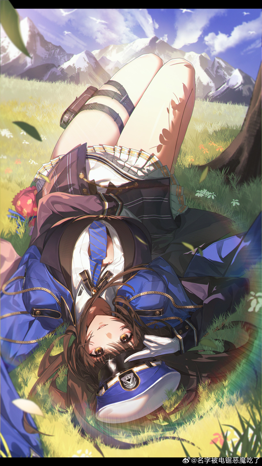 1girl, absurdres, belt, black_belt, black_bra, blue_hat, blue_jacket, blue_necktie