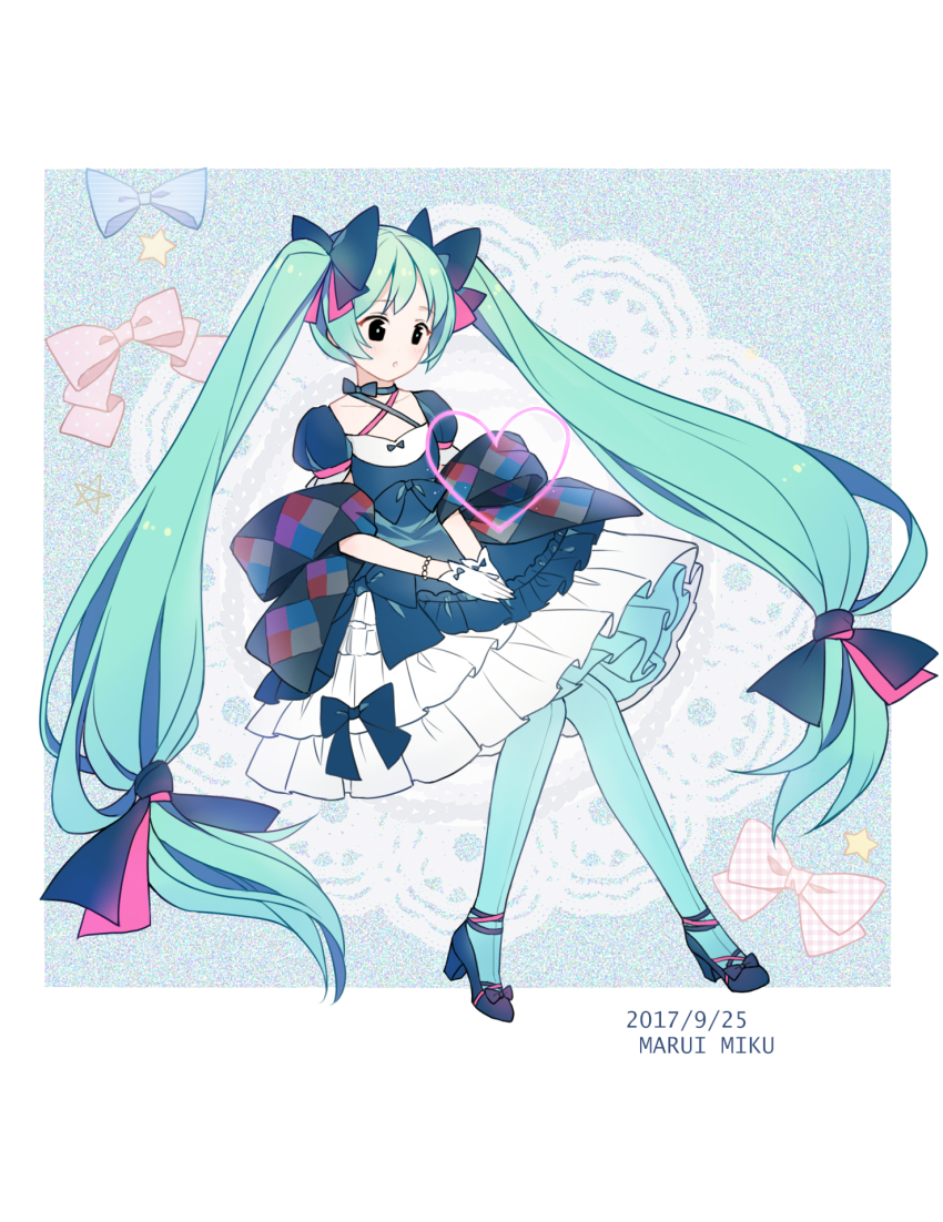 1girl, :o, absurdly_long_hair, anklet, aqua_background, aqua_hair, aqua_pantyhose, argyle_clothes, argyle_shawl, bead_bracelet, beads, black_bow, black_bowtie, black_choker, black_dress, black_eyes, black_shawl, black_shoes, border, bow, bow_choker, bowtie, bracelet, choker, colored_petticoat, commentary_request, criss-cross_straps, cup_(13636466299), dated, dot_nose, dress, footwear_bow, frilled_dress, frills, full_body, gloves, hair_bow, hands_on_lap, hatsune_miku, heart, high_heels, highres, jewelry, lace_background, layered_dress, light_blush, long_hair, looking_at_object, low-tied_long_hair, medium_dress, multiple_hair_bows, outside_border, own_hands_together, pantyhose, parted_lips, petticoat, pink_bow, puffy_short_sleeves, puffy_sleeves, pumps, shawl, shoes, short_sleeves, sitting, solo, tareme, two-sided_bow, very_long_hair, vocaloid, white_border, white_dress, white_gloves, wrist_bow