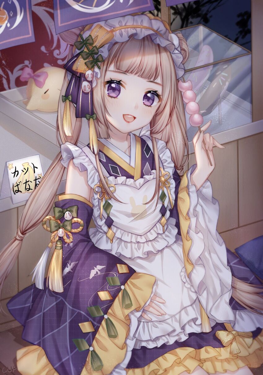 1girl, animal, apron, baby_animal, bare_shoulders, bird, blunt_bangs, bow