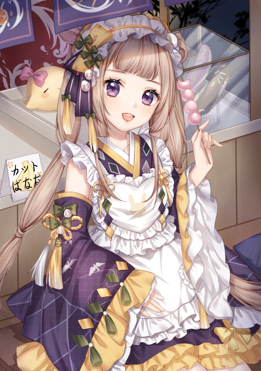 1girl, animal, apron, baby_animal, bare_shoulders, bird, blunt_bangs, bow