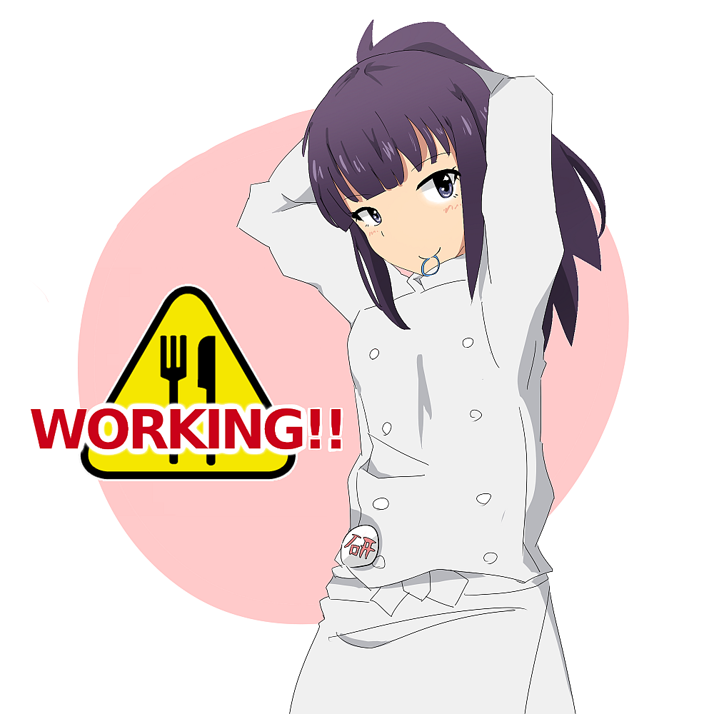 1girl, adjusting_hair, alternate_costume, arms_up, badge, chef, female_focus, logo