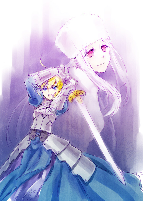 2girls, ahoge, armor, armored_dress, artoria_pendragon_(fate), bad_id, bad_pixiv_id, blonde_hair