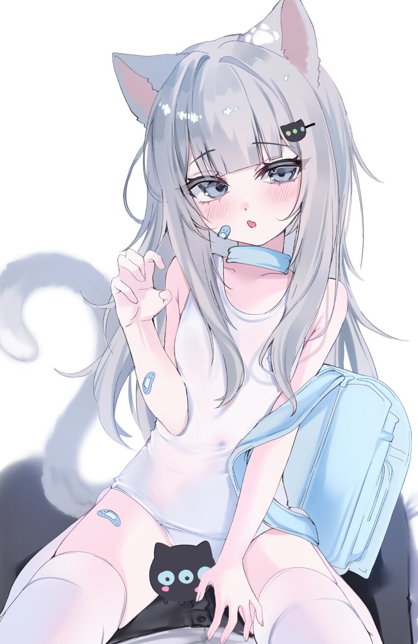 1boy, 1girl, absurdres, animal_ears, backpack, bag, bandaid, bandaid_on_face, bandaid_on_leg, black_pants, blue_choker, blue_eyes, blush, breasts, cat_ears, cat_tail, chedisu, choker, commentary, grey_hair, hair_ornament, hairclip, hennyano_(nachoneko), highres, indie_virtual_youtuber, nachoneko, navel, one-piece_swimsuit, pants, paw_pose, paw_print, randoseru, school_swimsuit, sitting, sitting_on_person, small_breasts, straddling, swimsuit, untranslatable_commentary, tail, thighhighs, virtual_youtuber, white_one-piece_swimsuit, white_thighhighs