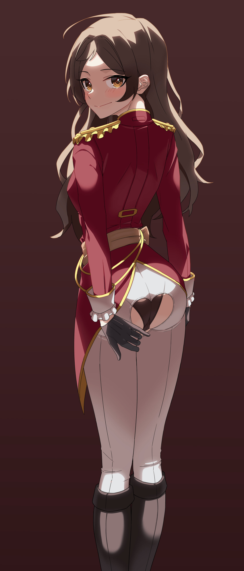 1girl, absurdres, ass, ass_cutout, black_gloves, black_panties, boots, breeches, brown_background, brown_eyes, brown_hair, closed_mouth, clothing_cutout, commentary_request, etoile_brilliant_(idolmaster), from_behind, gloves, hand_on_own_ass, hear_(kpmf4732), heart_cutout, highres, idolmaster, idolmaster_million_live!, idolmaster_million_live!_theater_days, jacket, kitazawa_shiho, long_hair, long_sleeves, looking_at_viewer, looking_back, official_alternate_costume, opera_seria_kiramekiza, panties, pants, pantylines, red_jacket, riding_boots, riding_outfit, sideways_glance, simple_background, solo, standing, underwear, white_pants, wrist_cuffs