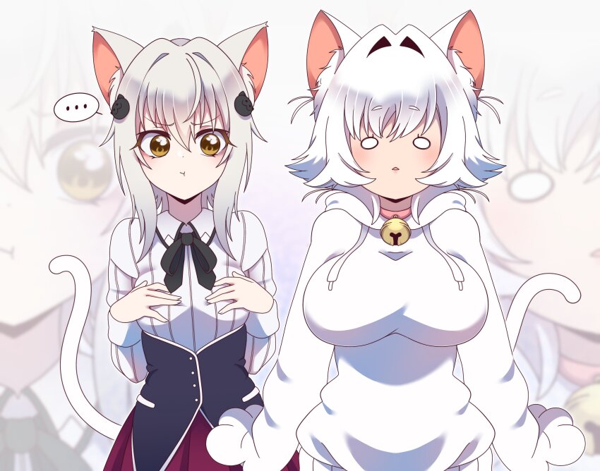 ..., 2girls, absurdres, animal_ear_fluff, animal_ears, bell, breast_envy, breasts